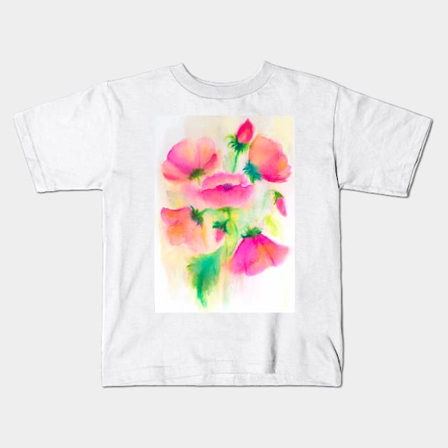 Pink poppies watercolor painting Kids T-Shirt by ArtDreamStudio